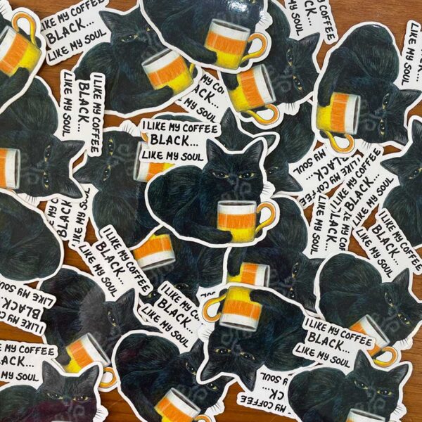 black-like-my-soul-stickerF I Like My Coffee Black… Like My Soul Sassy Cat Sticker