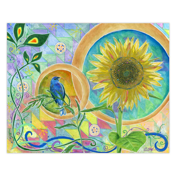 blue-bunting-and-sunflower Blue Bunting and Sunflower – Original Art