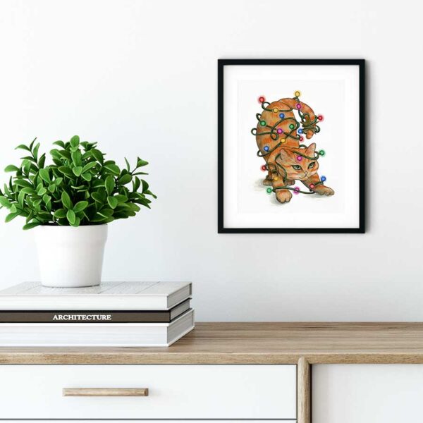 dont-get-your-tinsel-in-a-tangle-on-white-wall Don’t Get Your Tinsel in a Tangle Cat on White – Art Print
